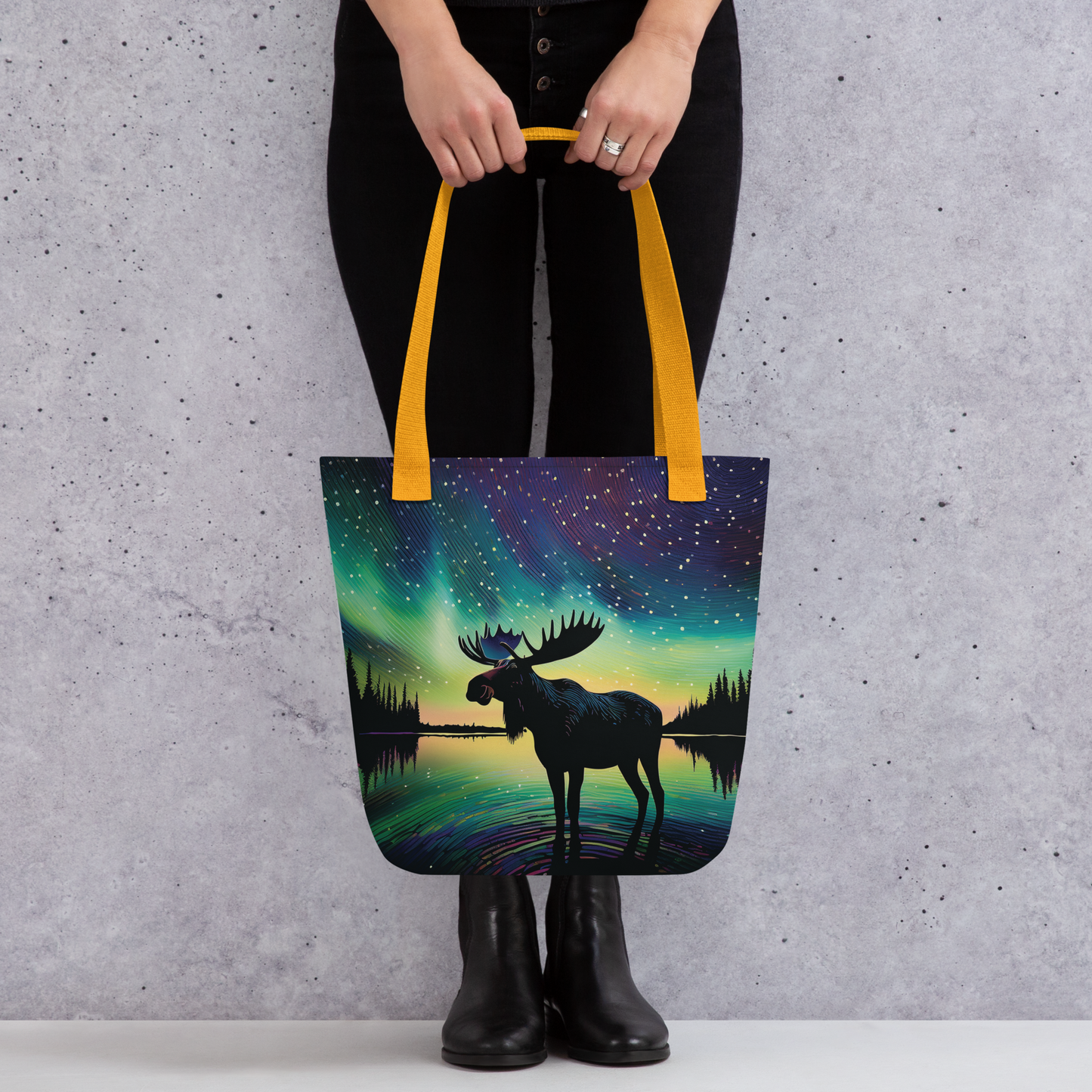 Tote bag with moose and Northern Lights design