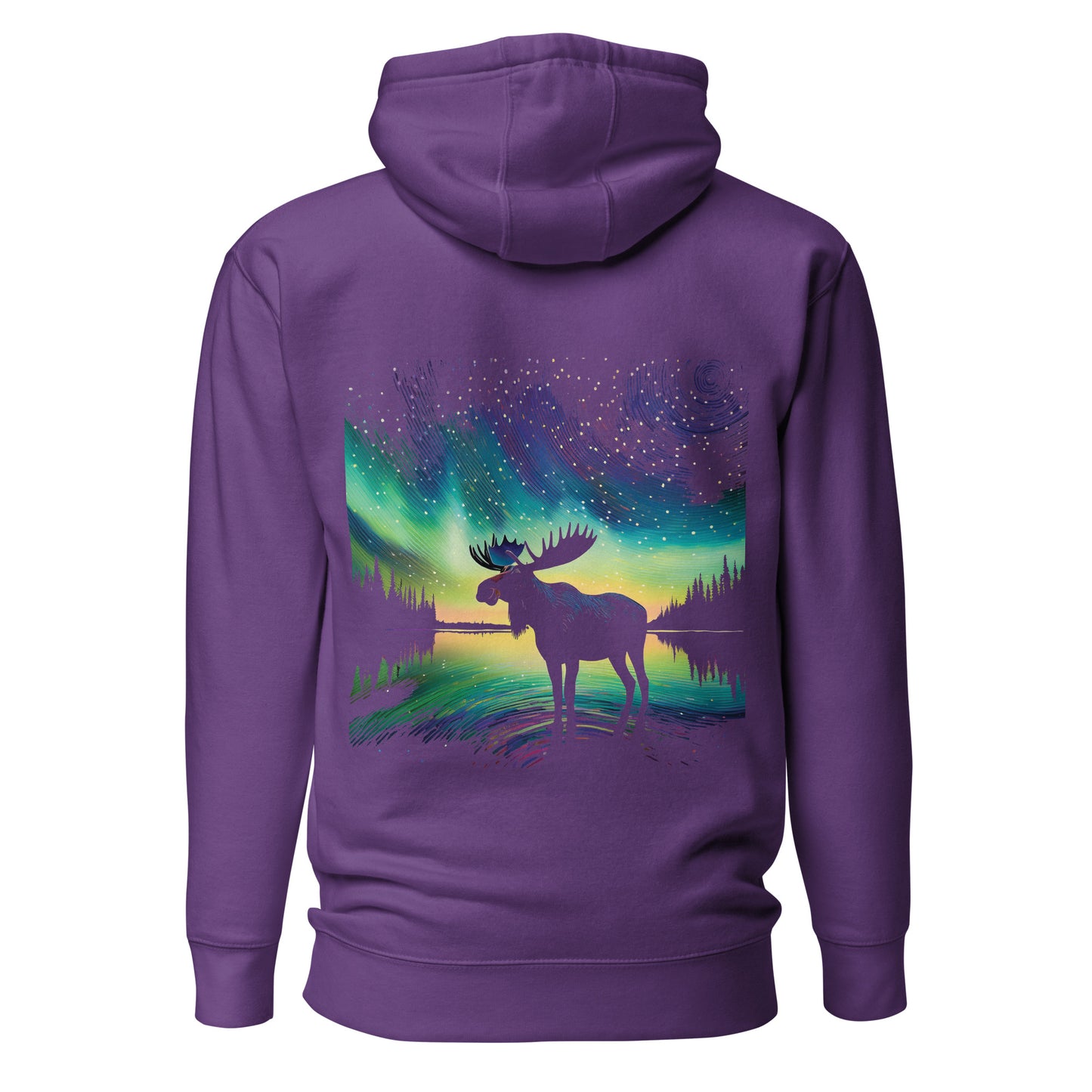 Back view of Purple hoodie with a moose and Northern Lights design