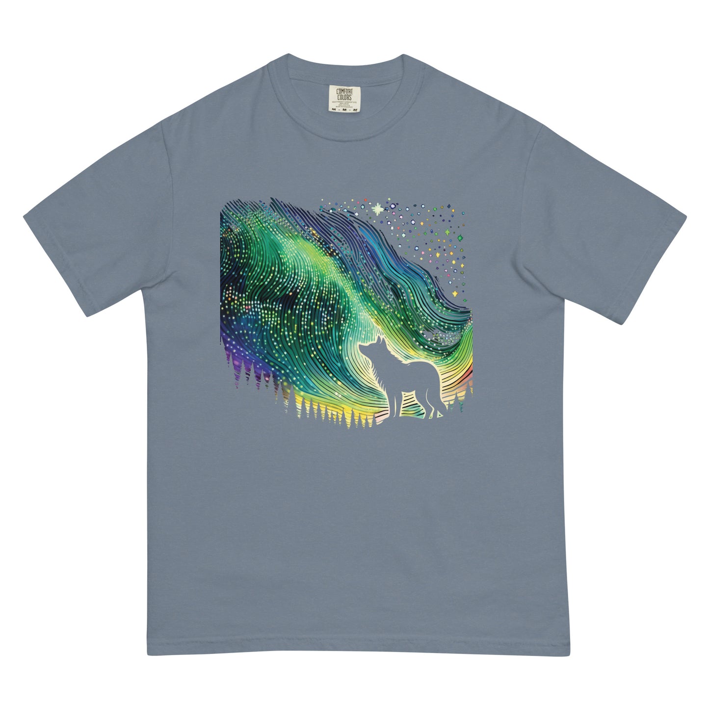 Northern Lights Wolf Denim Tshirt Canadian Indigenous Art Gifts