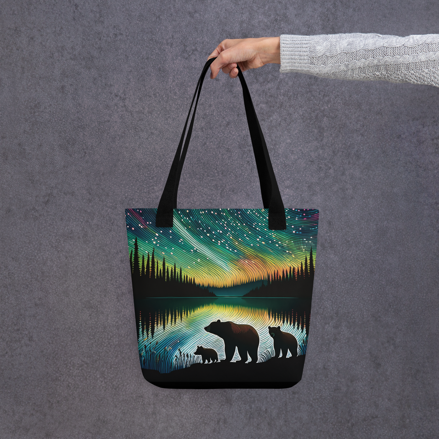 Bear family under the Northern Lights