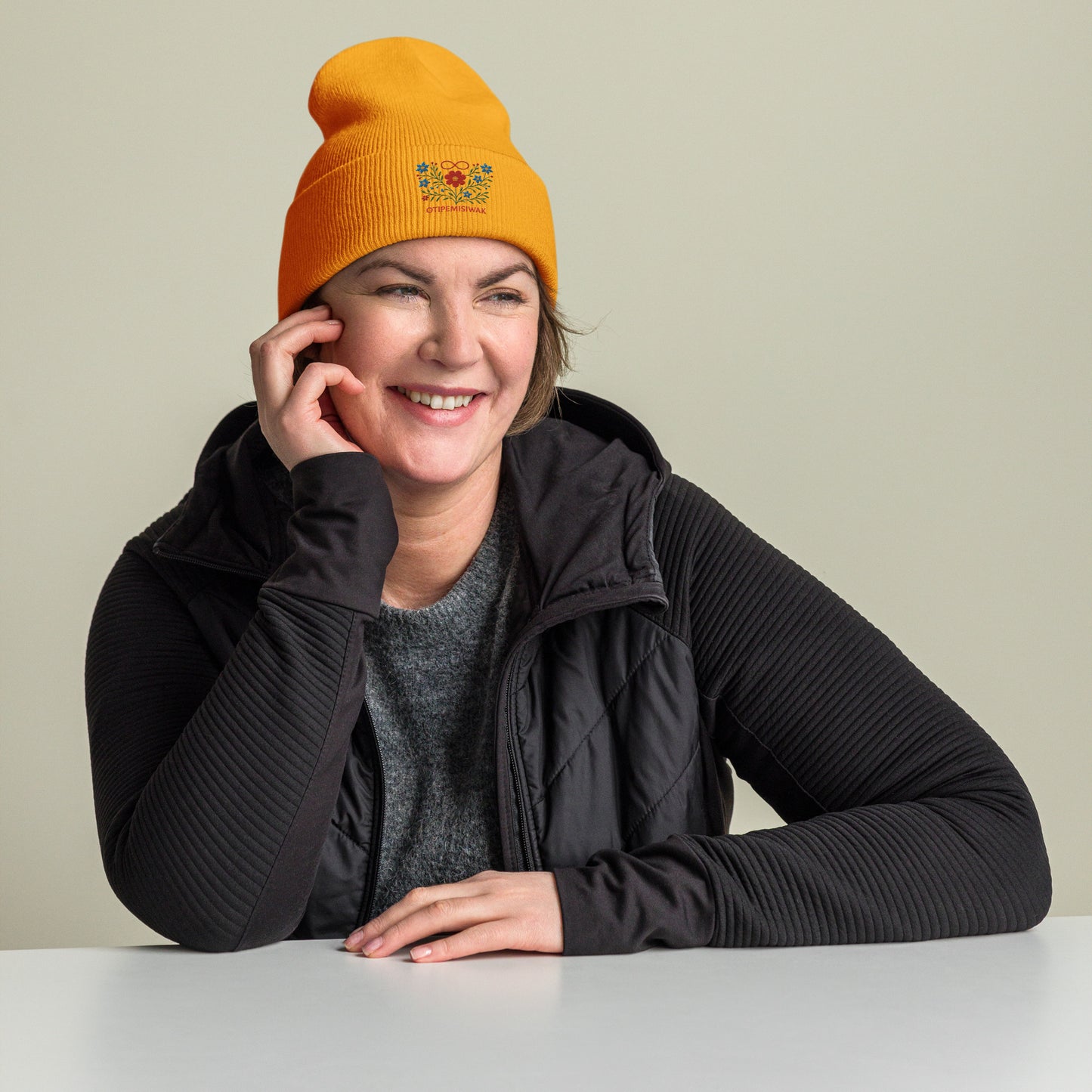 Otipemisiwak Embroidered Cuffed Beanie in gold or white