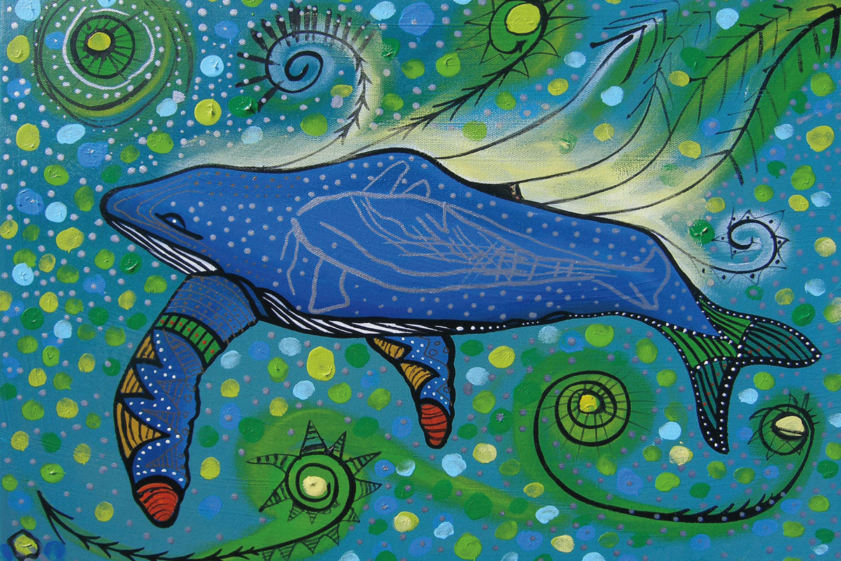 Wall Art - Humpback Swimming with Yellow Bubbles by Alan Syliboy