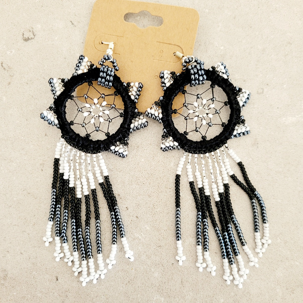 Handcrafted beaded dream catcher fringe earrings