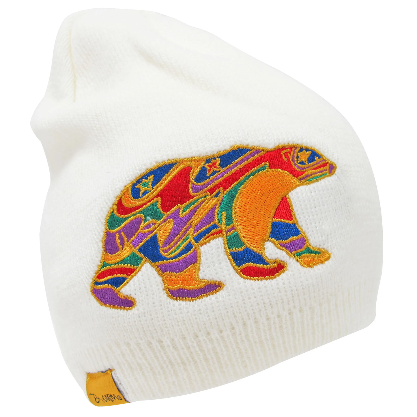 "Alpha Bear" embroidered rib knit beanie, design by Indigenous Dene Artist, Dawn Oman