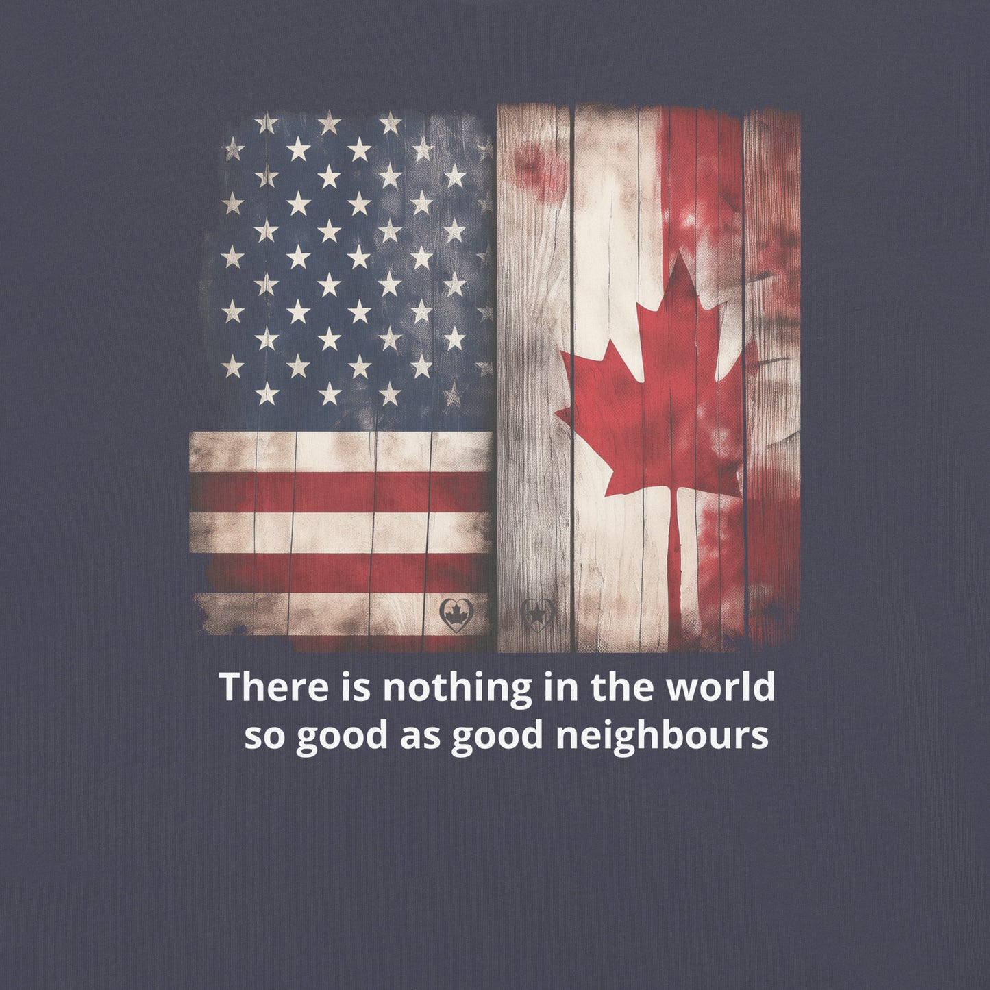 Up close of American and Canadian flags and a quote on a navy Tshirt