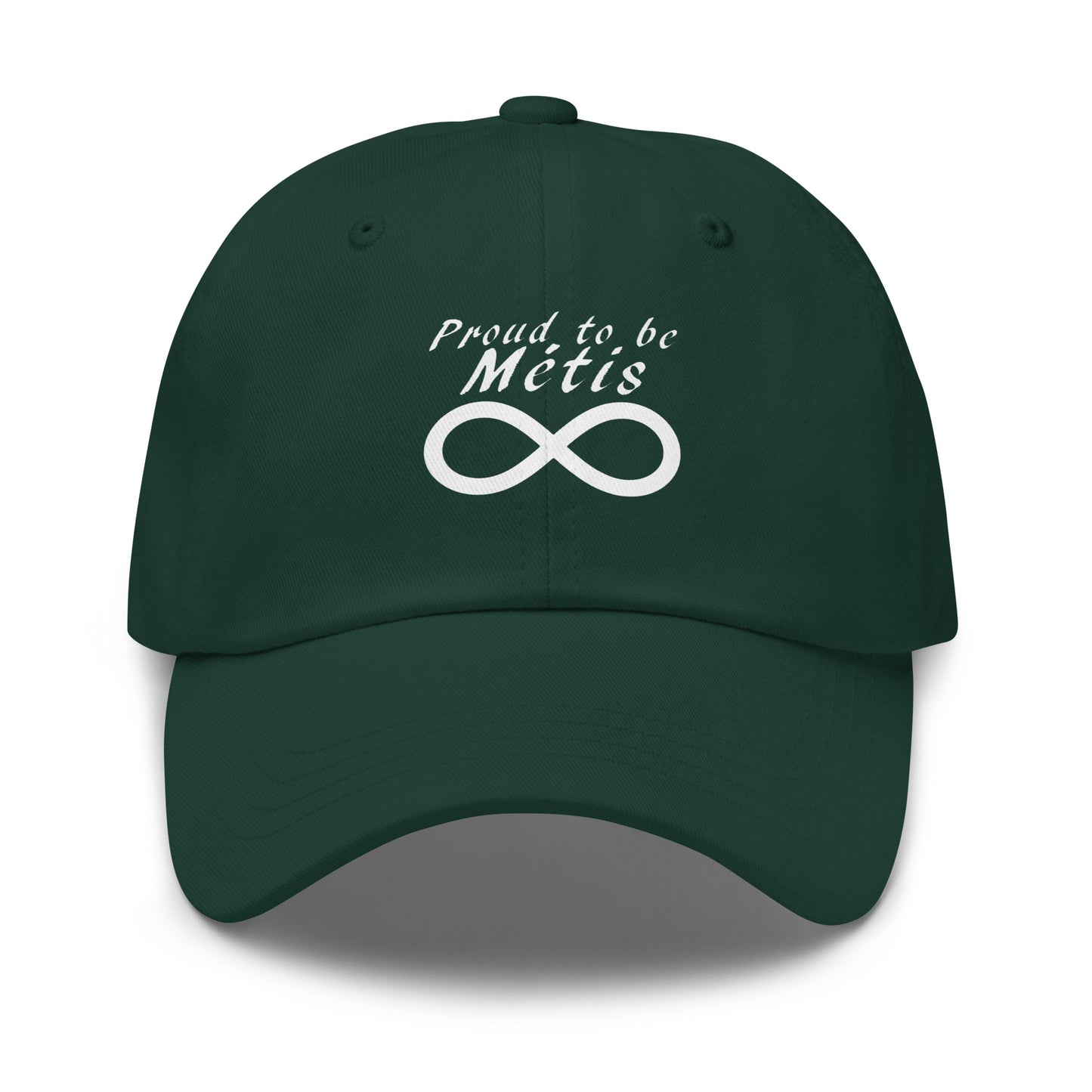 Dark green cap with 'Proud to be Métis' text and infinity symbol on a white background