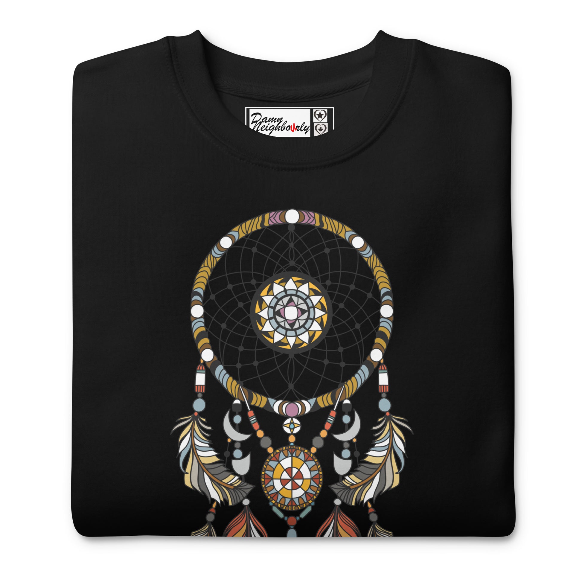 Black sweatshirt with a colorful dreamcatcher design on a white background