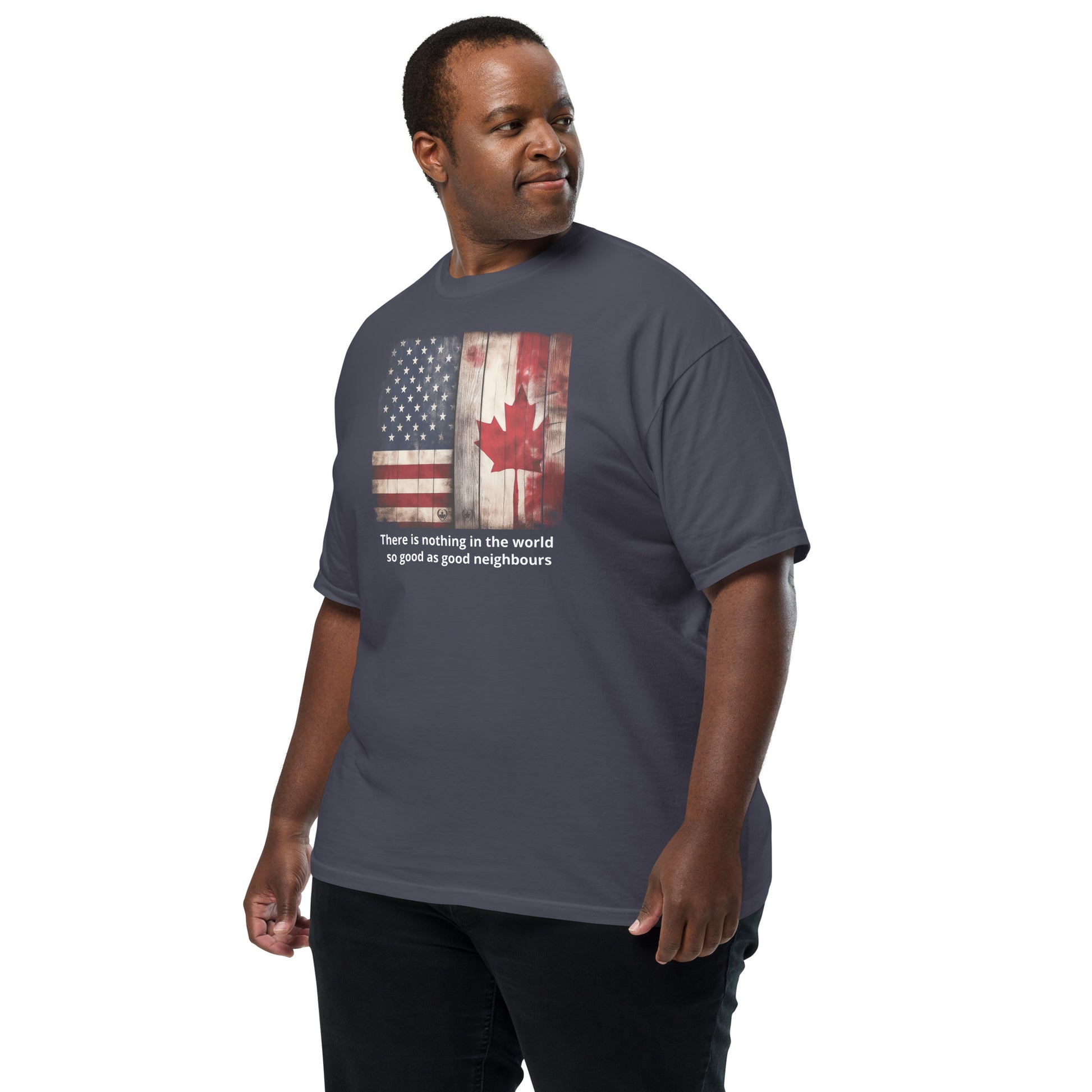 Man wearing a t-shirt with an American and Canadian flag design 