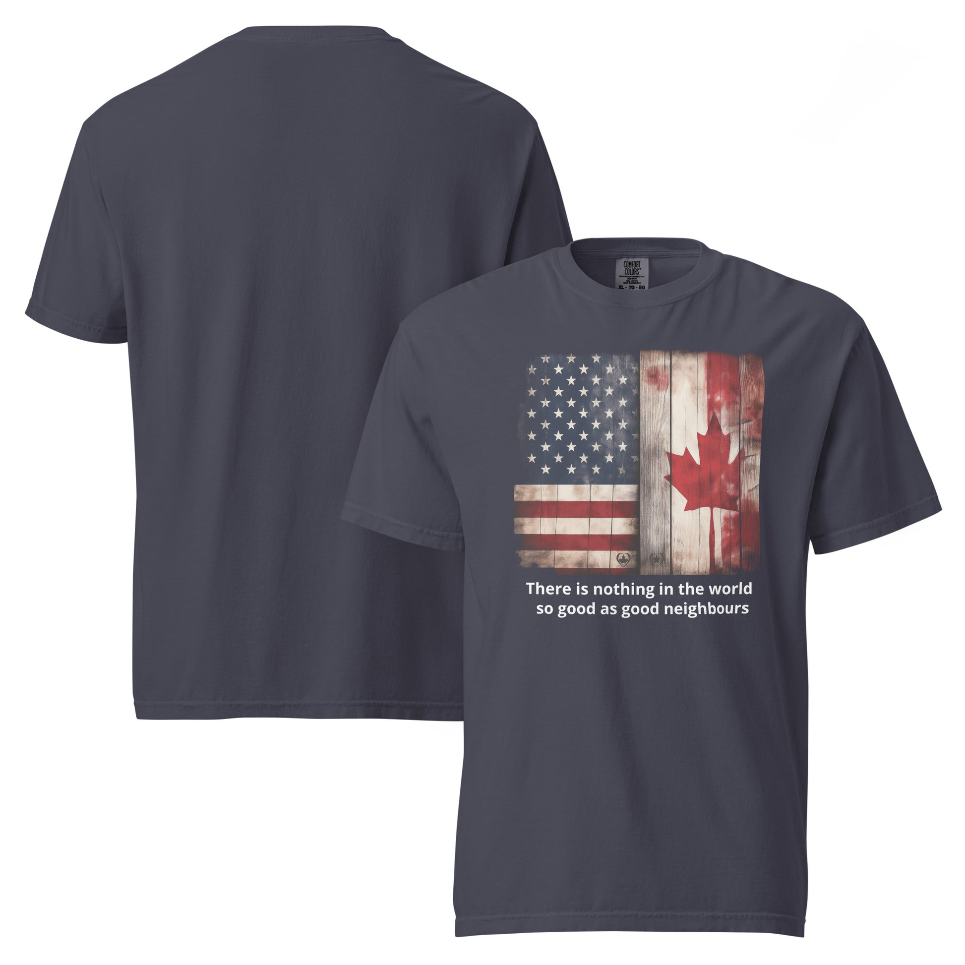 Navy blue t-shirt with American and Canadian flag design Indigenous Art Gifts