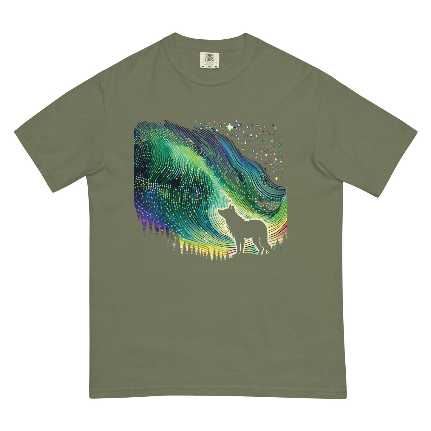 Canadian Art Gifts Northern Lights Wolf Green Tshirt 