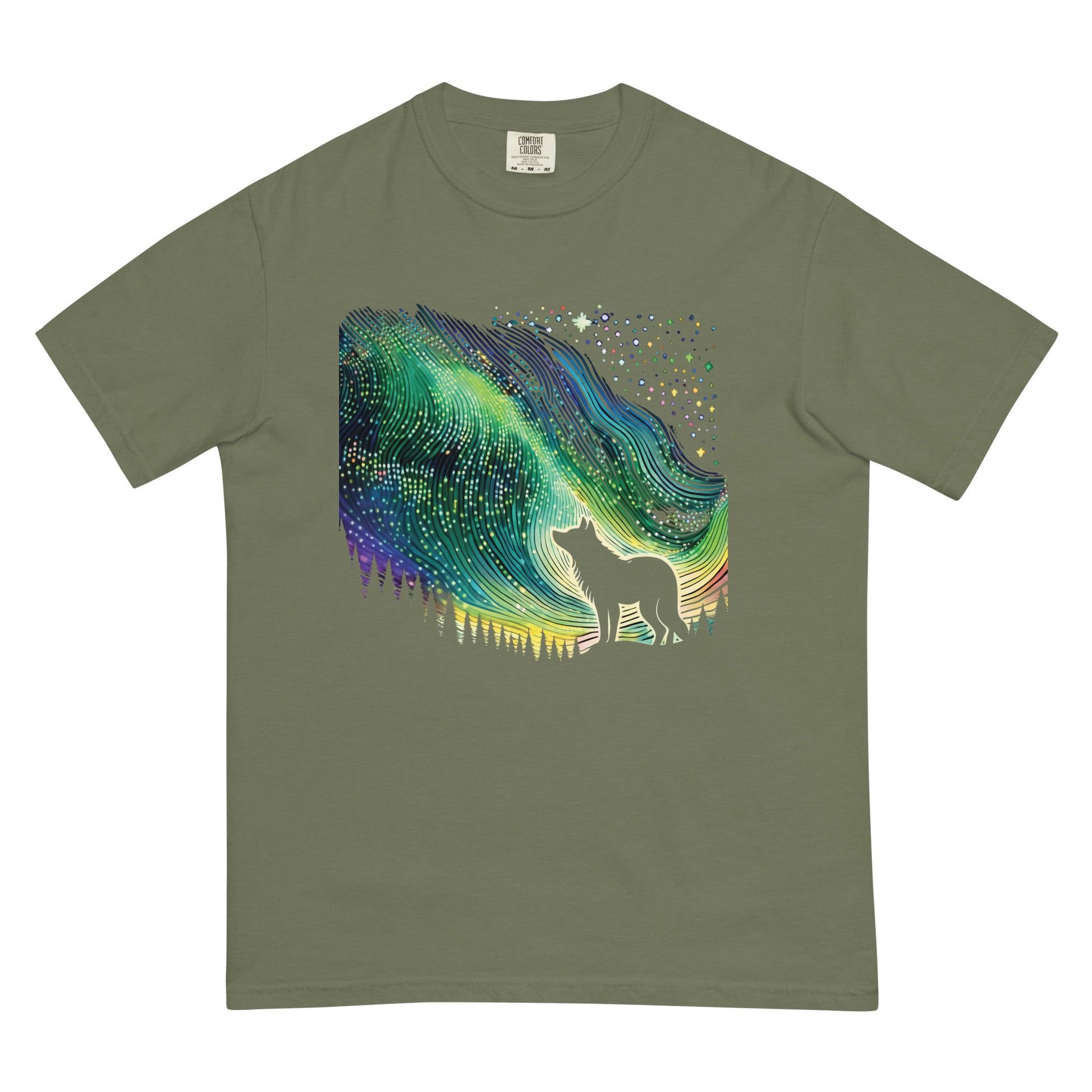 Canadian Art Gifts Northern Lights Wolf Green Tshirt 