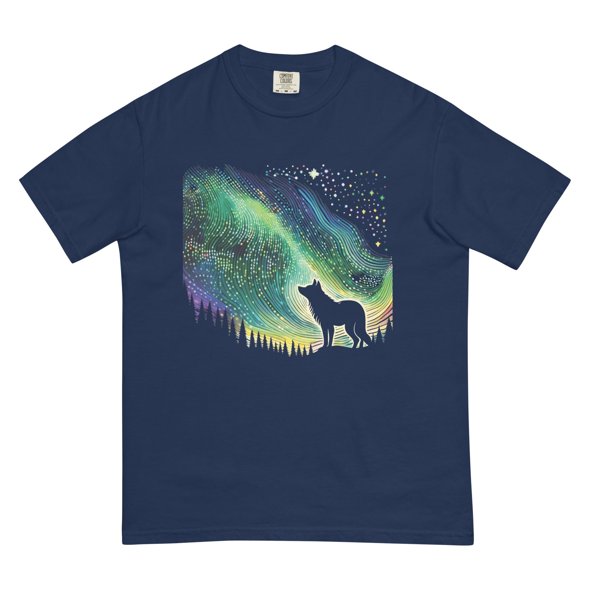 Northern Lights Wolf Blue Tshirt Canadian Indigenous Art Gifts
