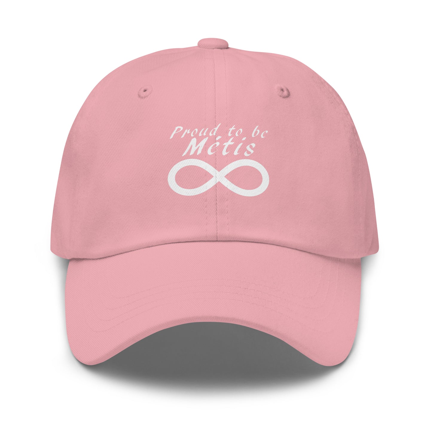 Pink cap with 'Proud to be Métis' text and infinity symbol Canadian art gifts 