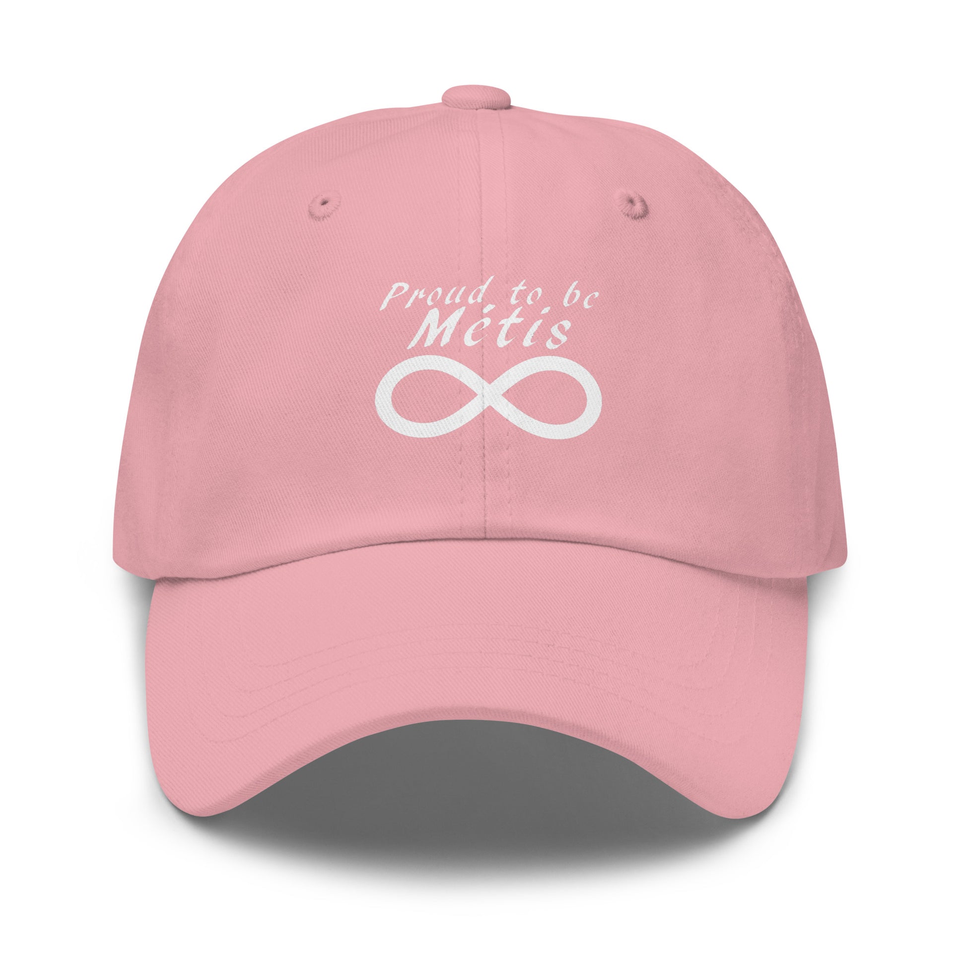 Pink cap with 'Proud to be Métis' text and infinity symbol Canadian art gifts 