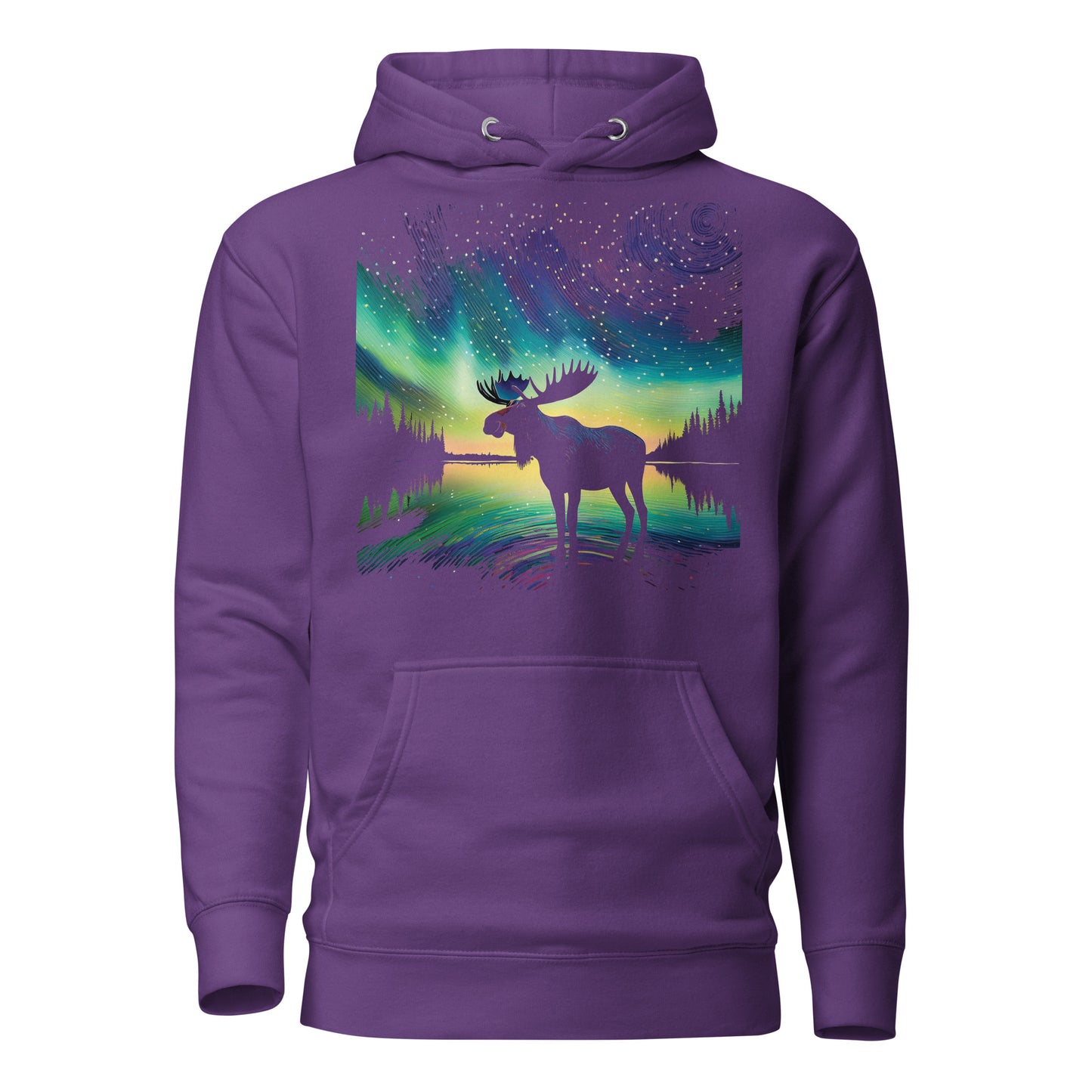 Purple hoodie with a moose and northern lights design Canadian Art Gifts