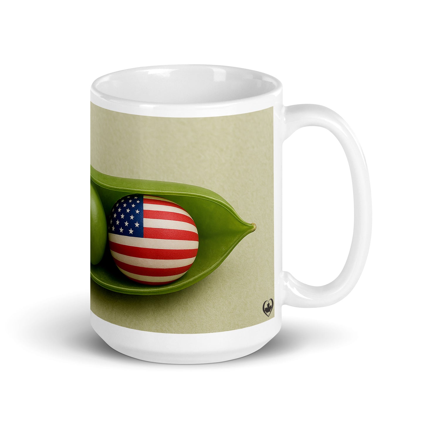 White mug with a design of an American flag in a pea pod