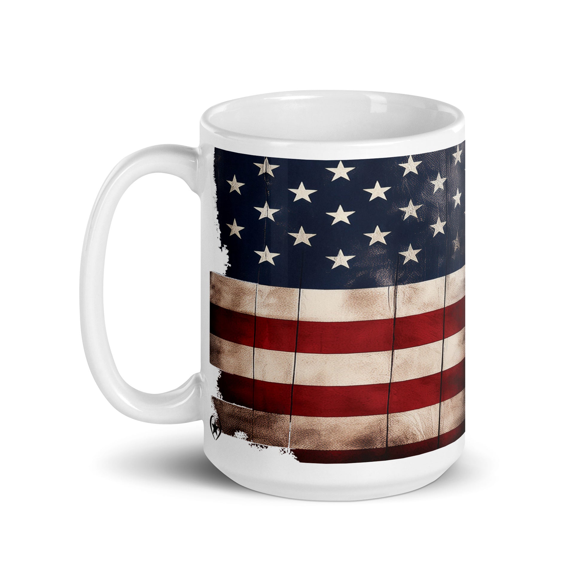 White mug with American flag design on a white background