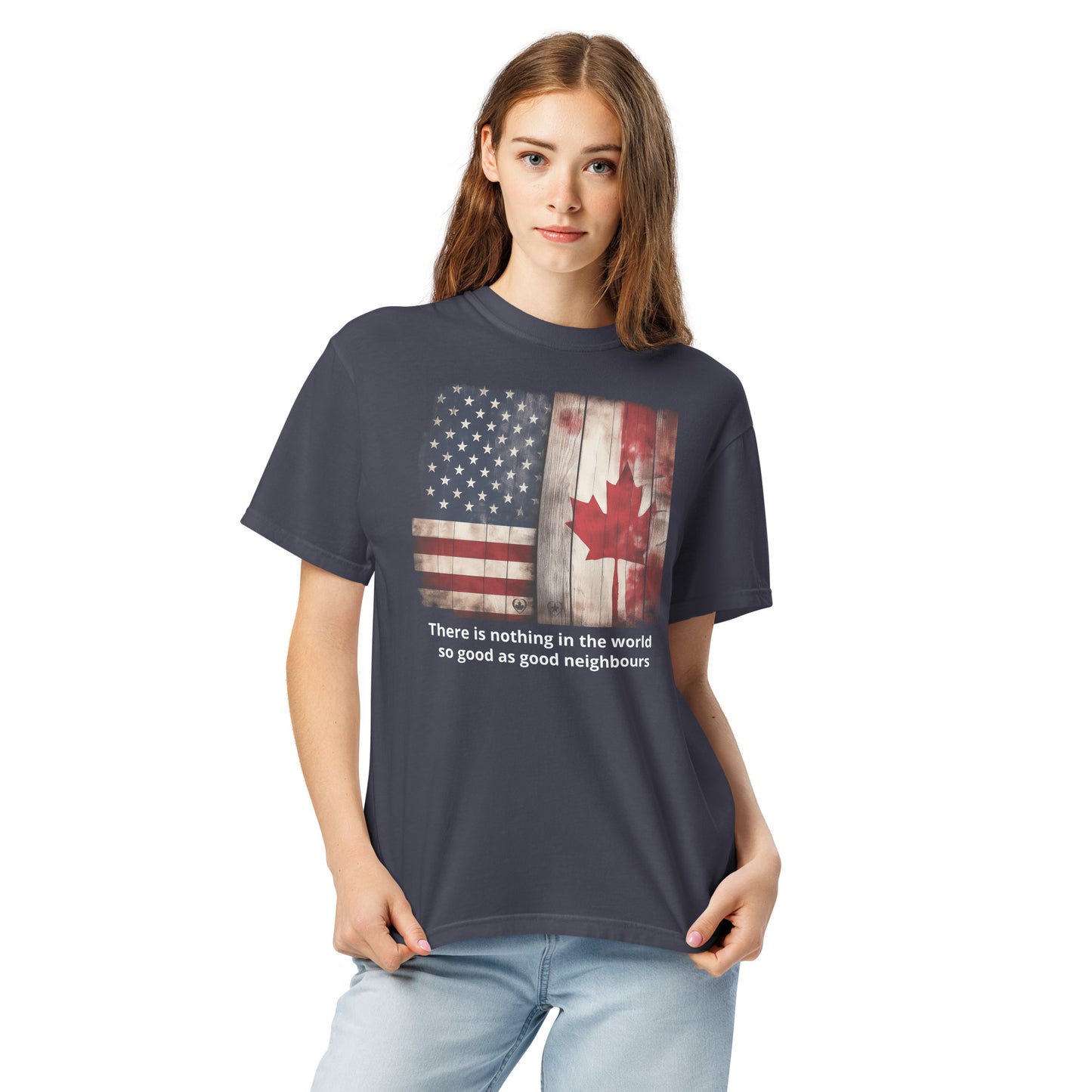 Woman wearing a t-shirt with an American flag and maple leaf design Canadian ARt Gifts