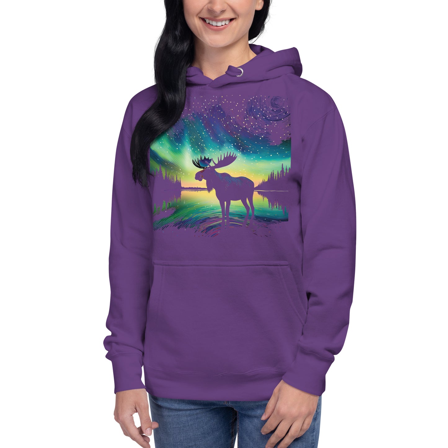 Woman wearing a purple hoodie with moose and Northern Lights design 