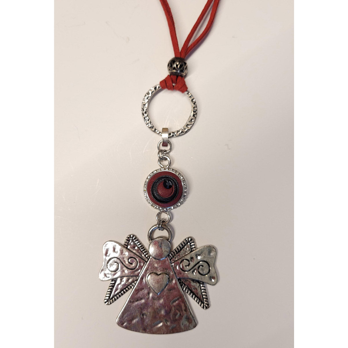 Red ultra sued necklace with detachable Angel; pendant and snap