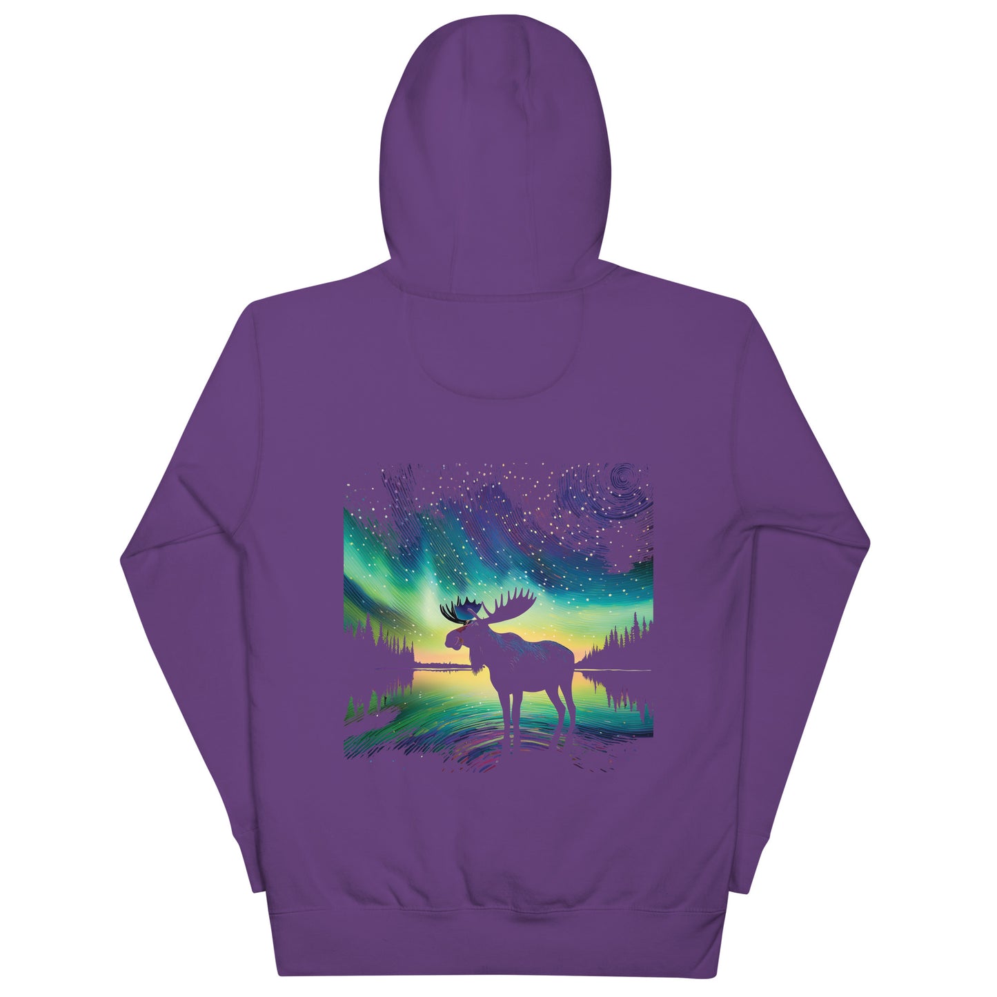 back of Purple hoodie with a moose and northern lights design Canadian Art Gifts