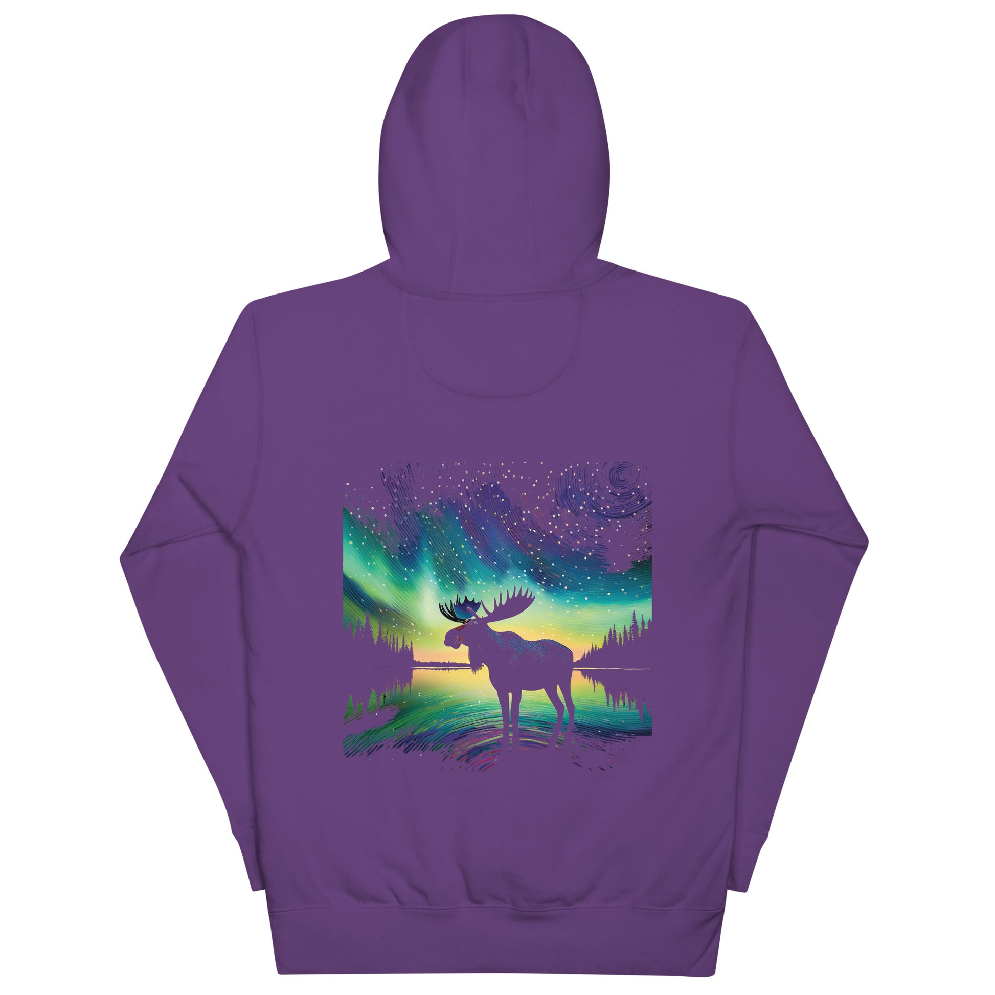 back of Purple hoodie with a moose and northern lights design Canadian Art Gifts