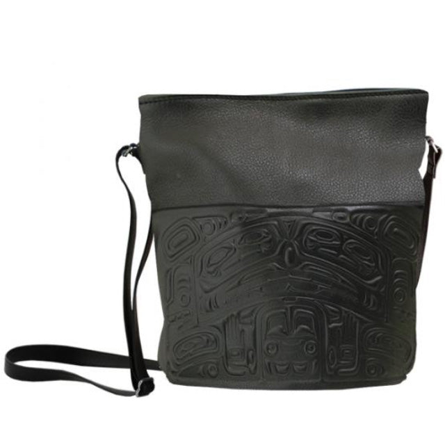 Embossed Black Leather Bear Box Handbag with design by Tlingit artist, Clifton Fred