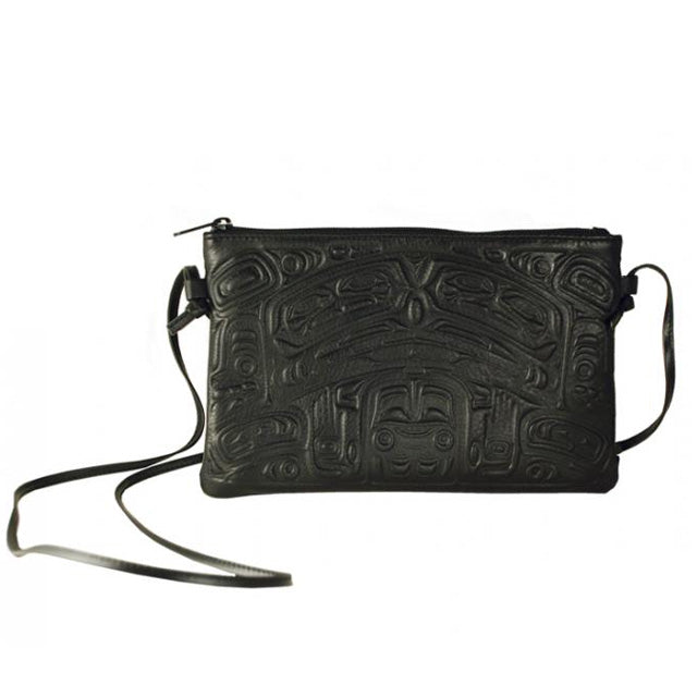 Black Leather Crossbody bag with embossed Bear Box design by Bill Helin