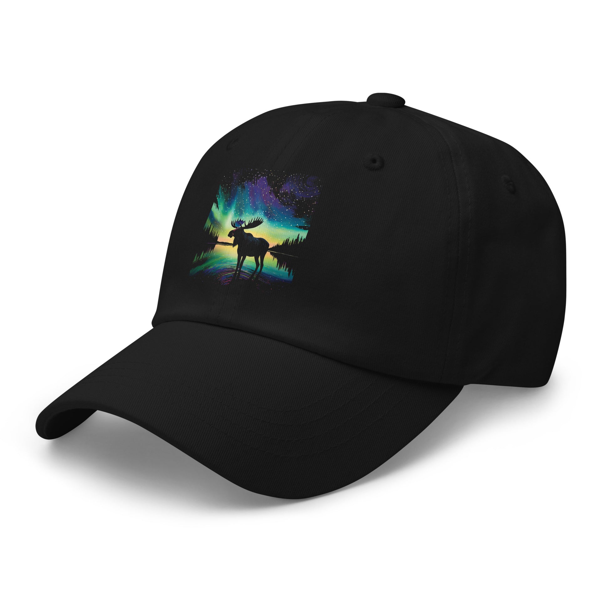 Black cap with a colorful moose design Canadian Art Gifts