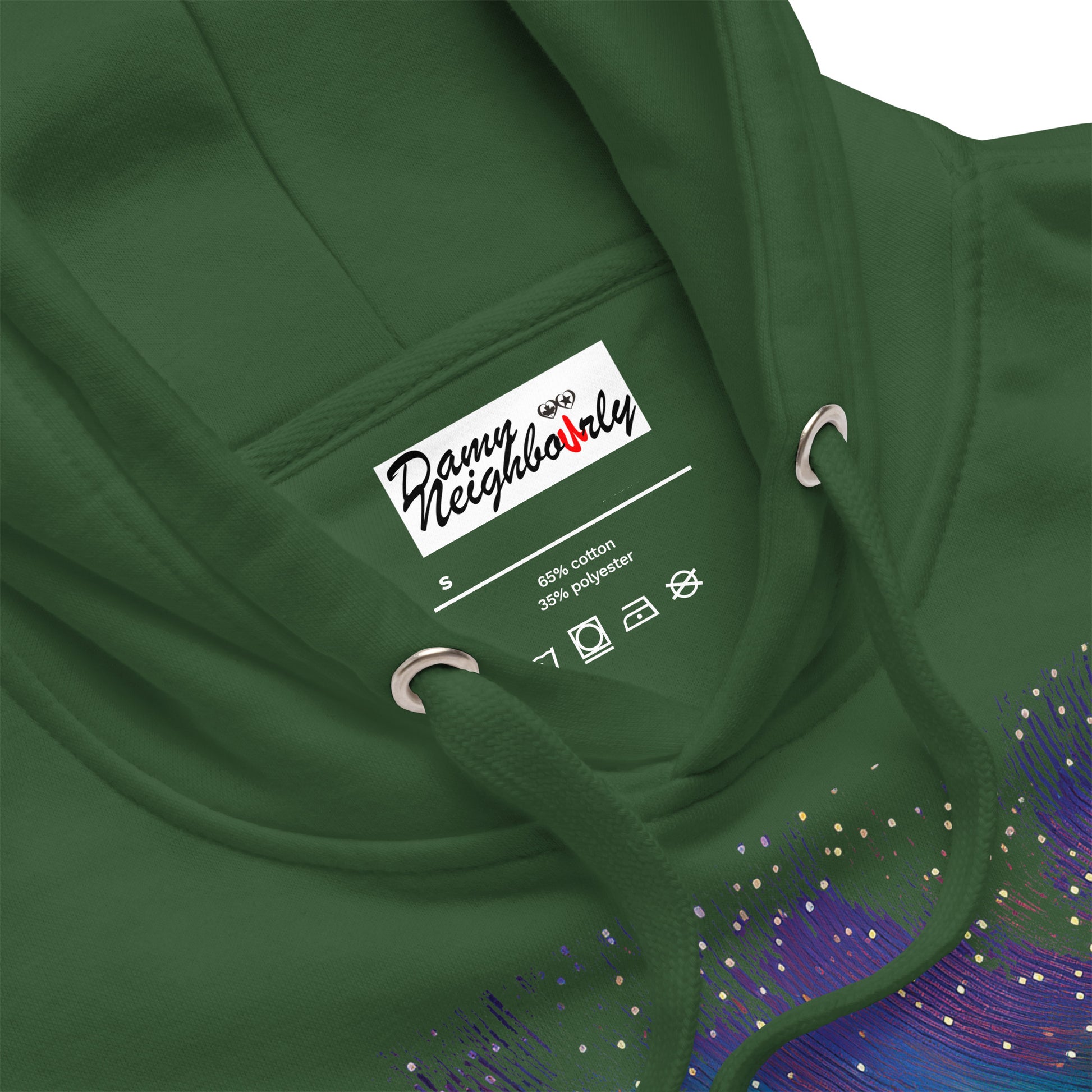 Green hoodie with a brand label on the chest area