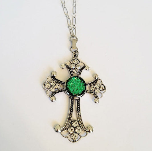 Sweater length necklace with detachable cross pendant and snap