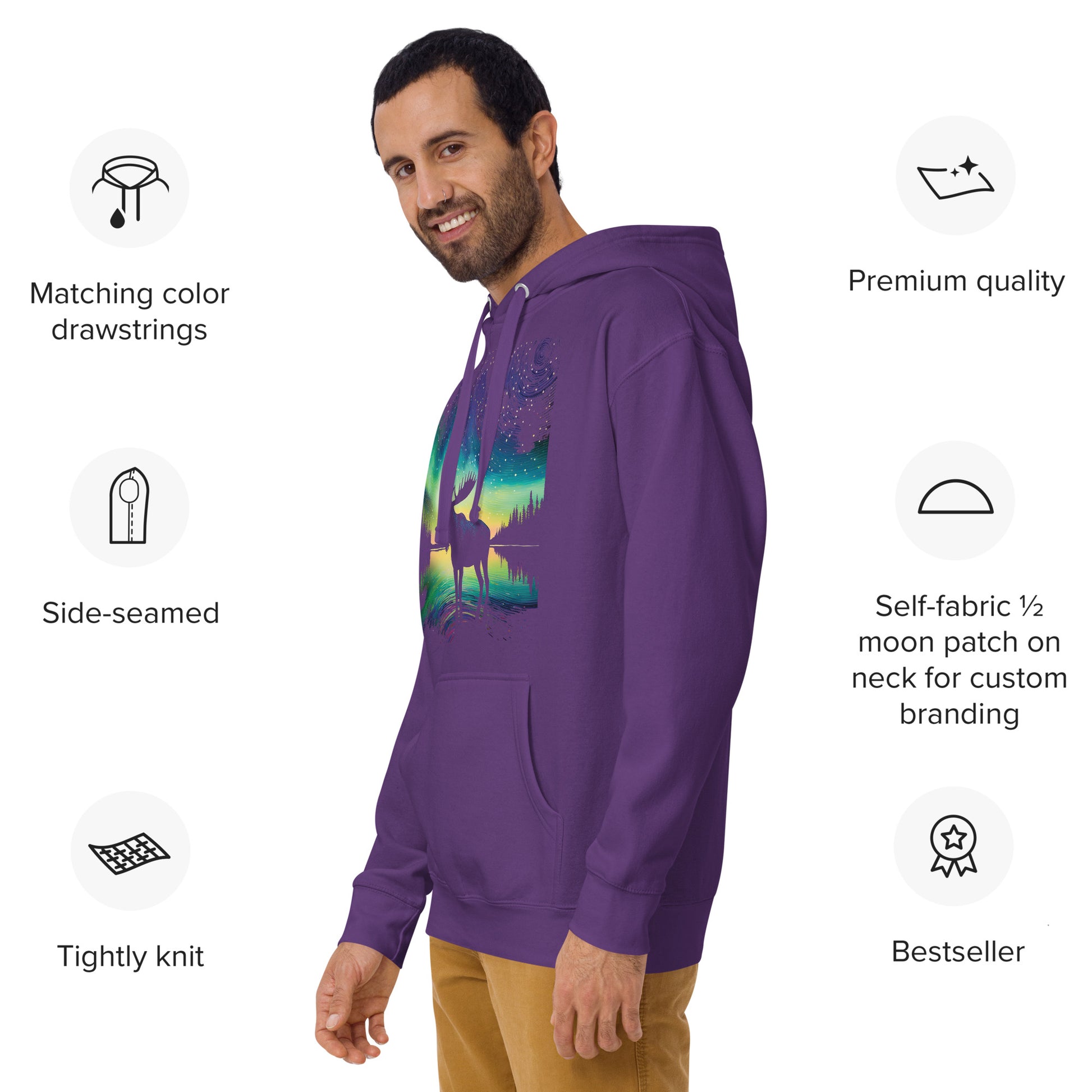 Man wearing a purple hoodie with a colorful design, surrounded by icons and text about hoodie features.