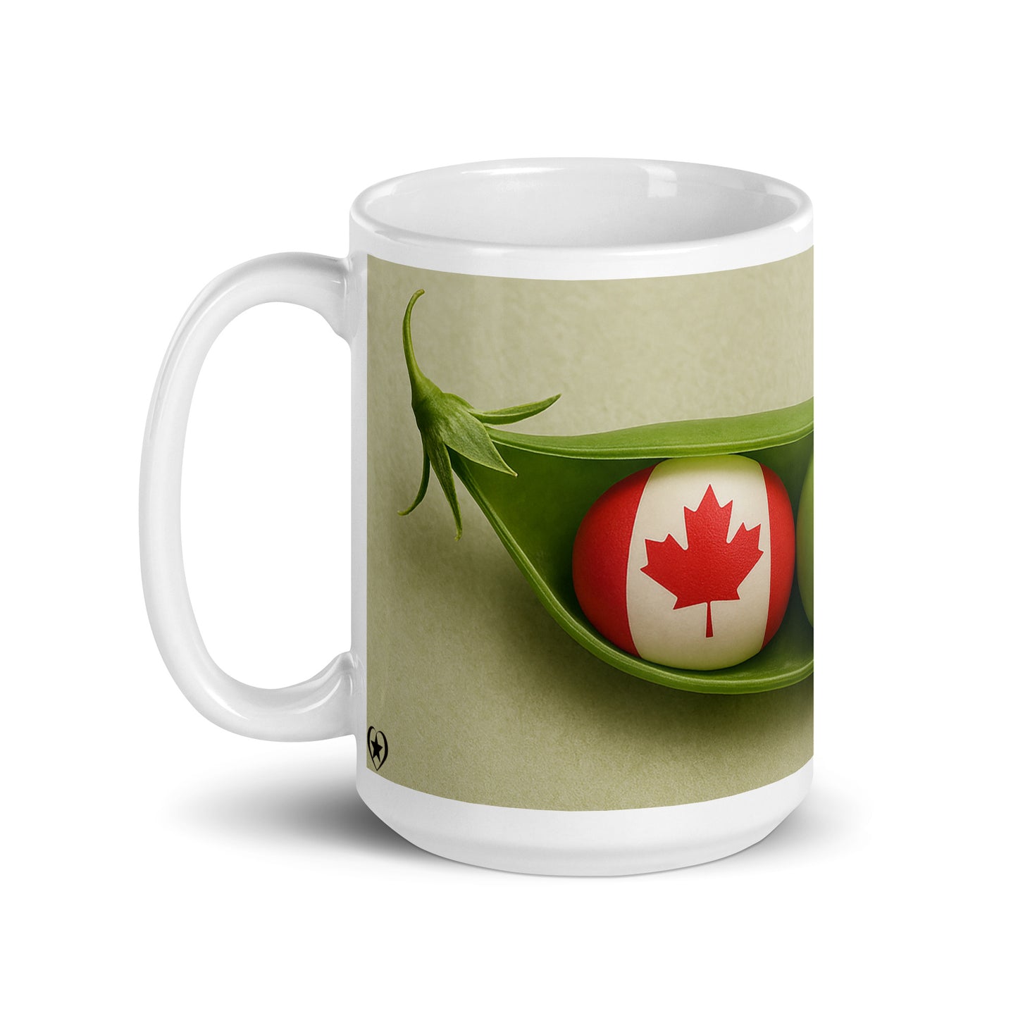 Mug with a design of a pea pod with a Canadian and USA flags