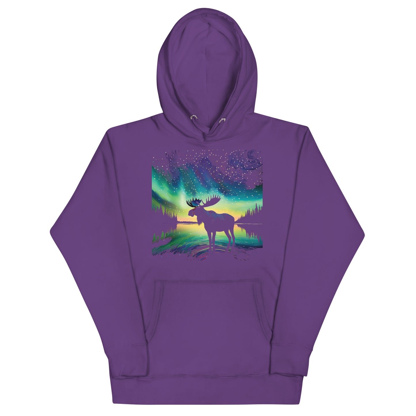 Purple hoodie with a moose and northern lights design 