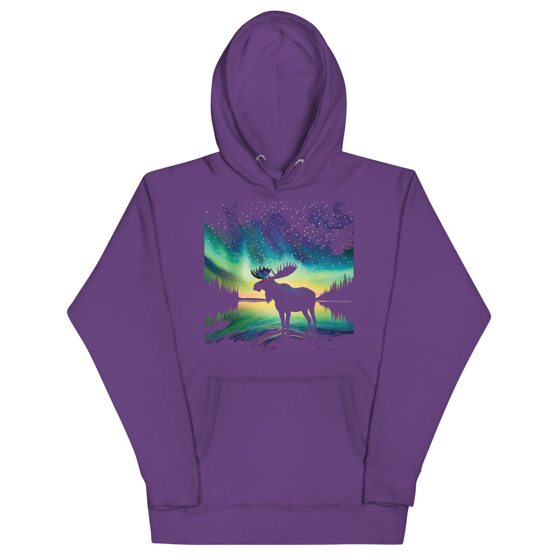 Purple hoodie with a moose and northern lights design 