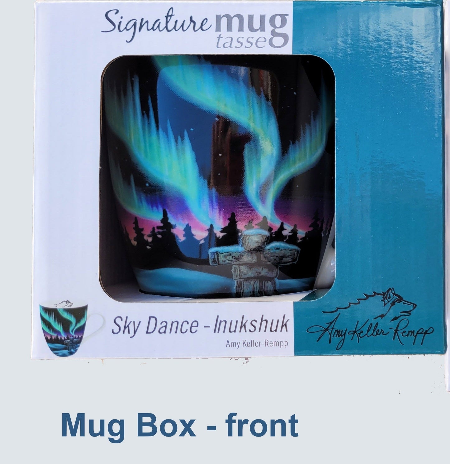 "Sky Dance - Wolf Song "18 oz mug - Aurora / Northern Lights by Metis Artist Amy Keller-Rempp