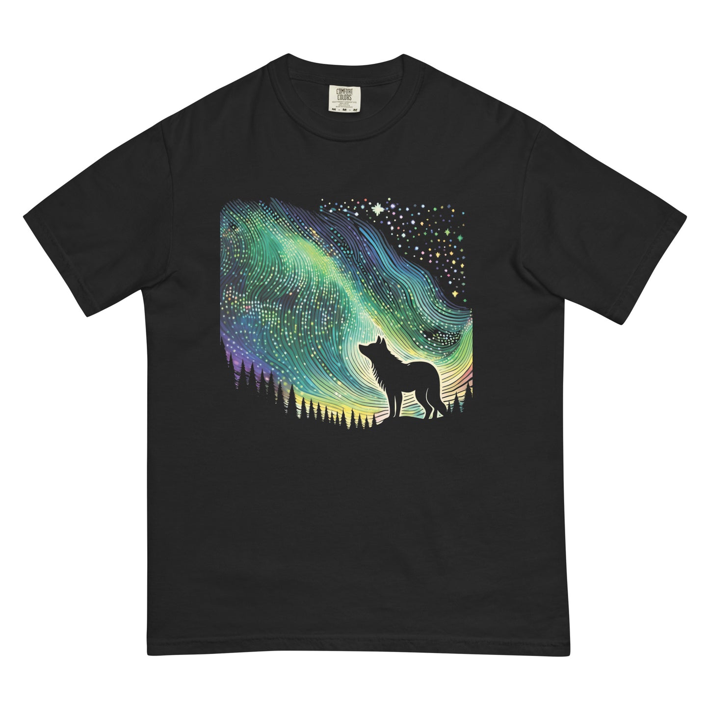 Northern Lights Wolf Black Tshirt Canadian Indigenous Art Gifts