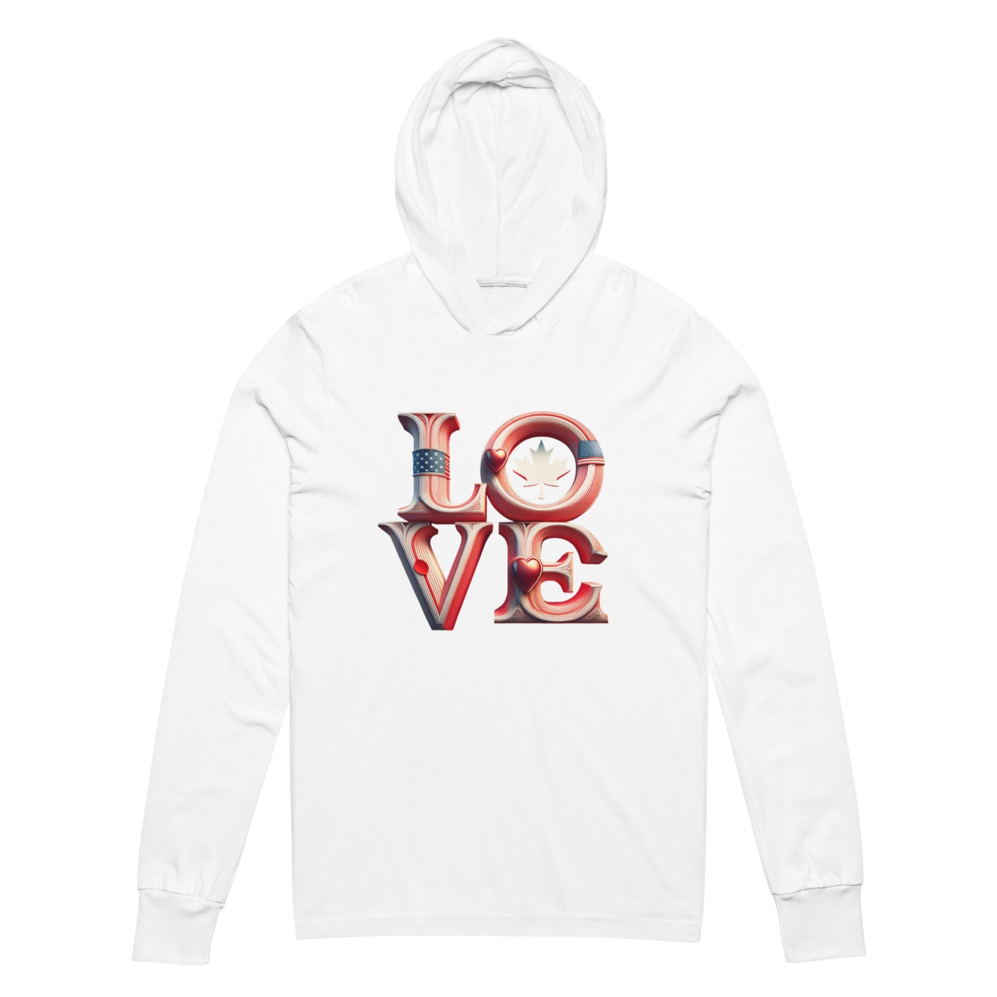 Show your love! Unisex Hooded long-sleeve tee in black, navy or white