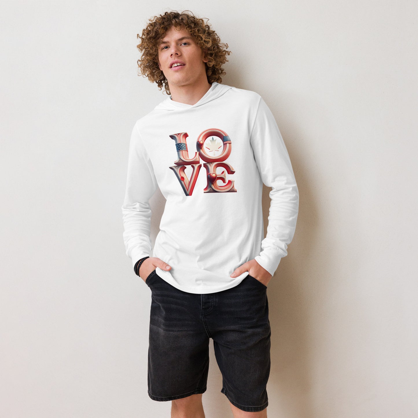 Show your love! Unisex Hooded long-sleeve tee in black, navy or white
