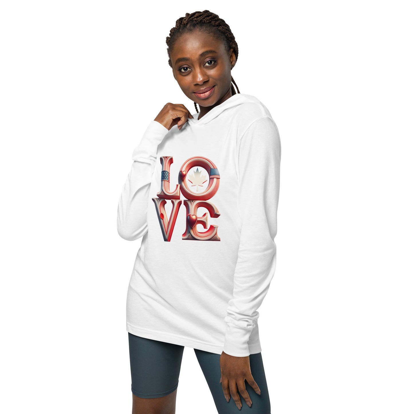 Show your love! Unisex Hooded long-sleeve tee in black, navy or white