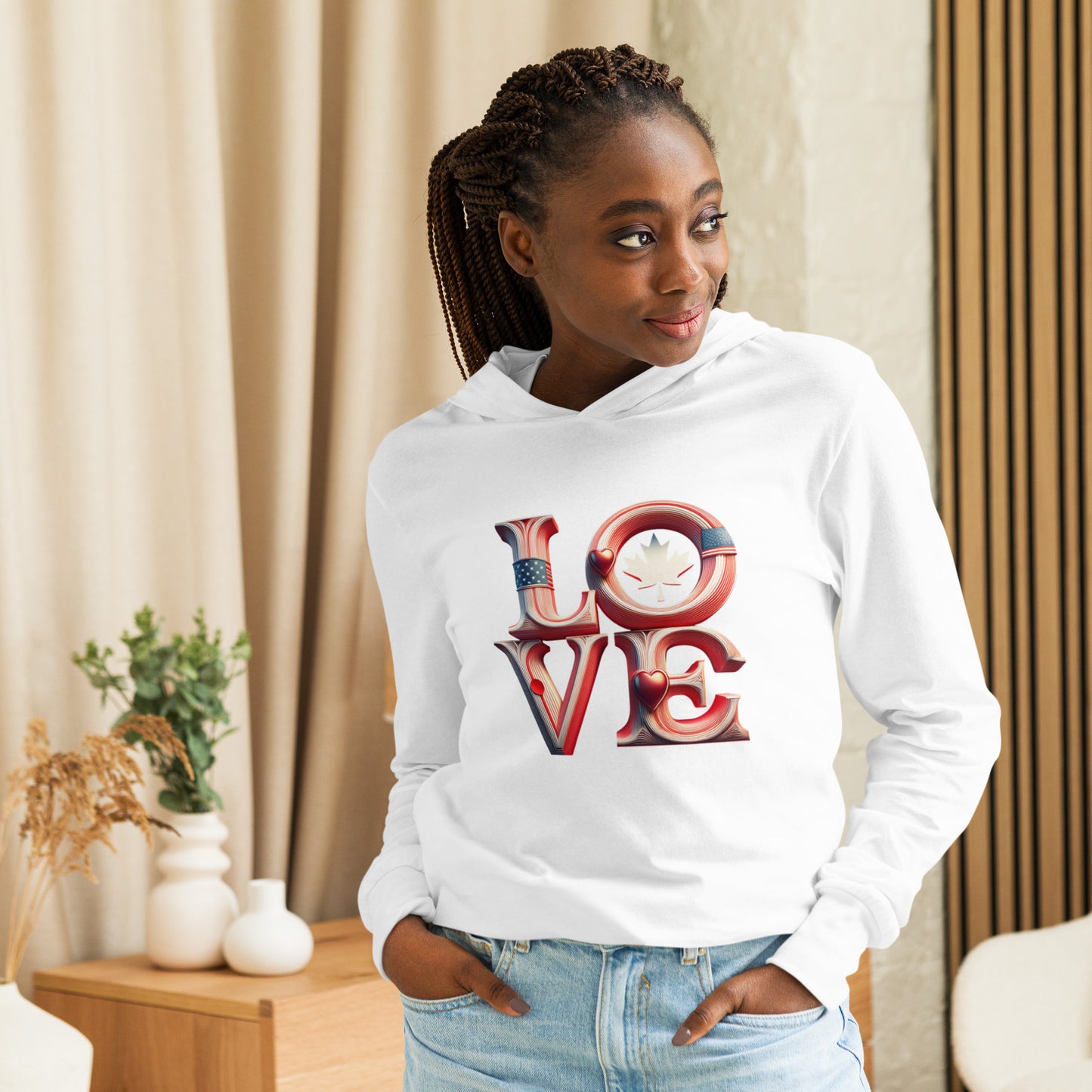 Show your love! Unisex Hooded long-sleeve tee in black, navy or white